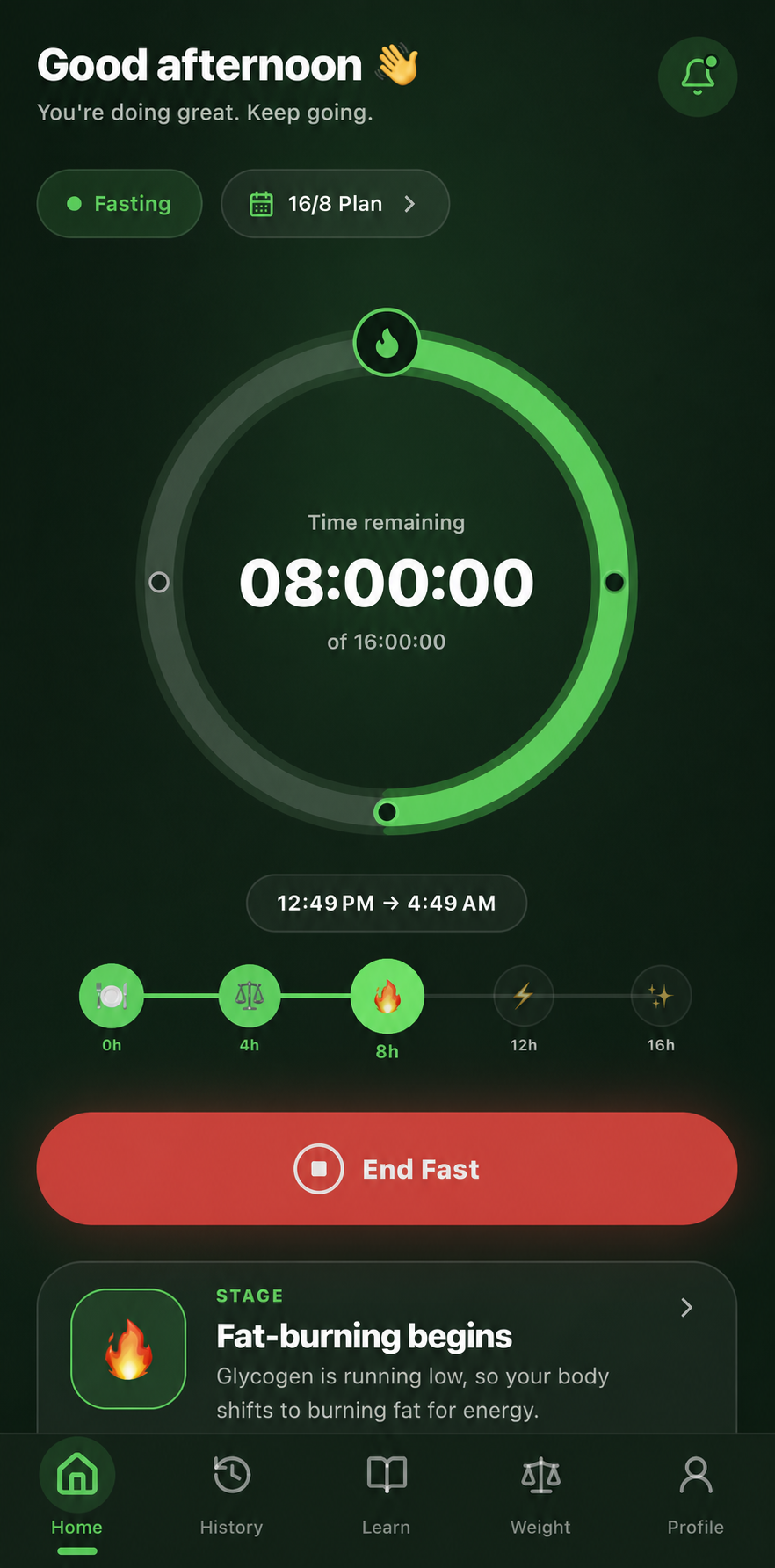 Fast&Fit app fasting timer screen